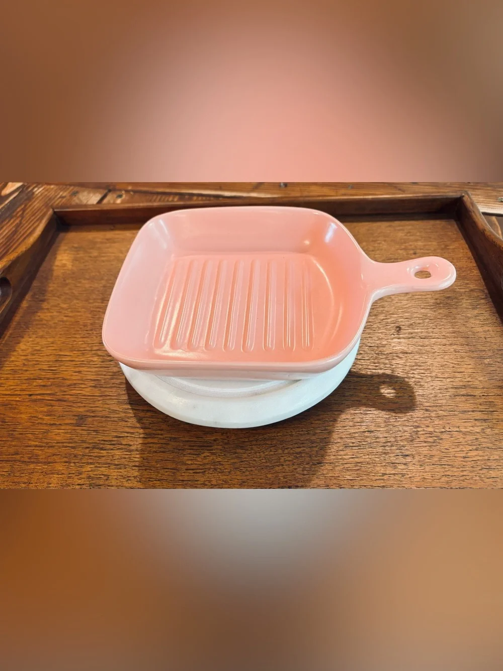 Pastel Pink Ceramic Griddle Plate, Cute Nordic Style Baking Tray with Handle